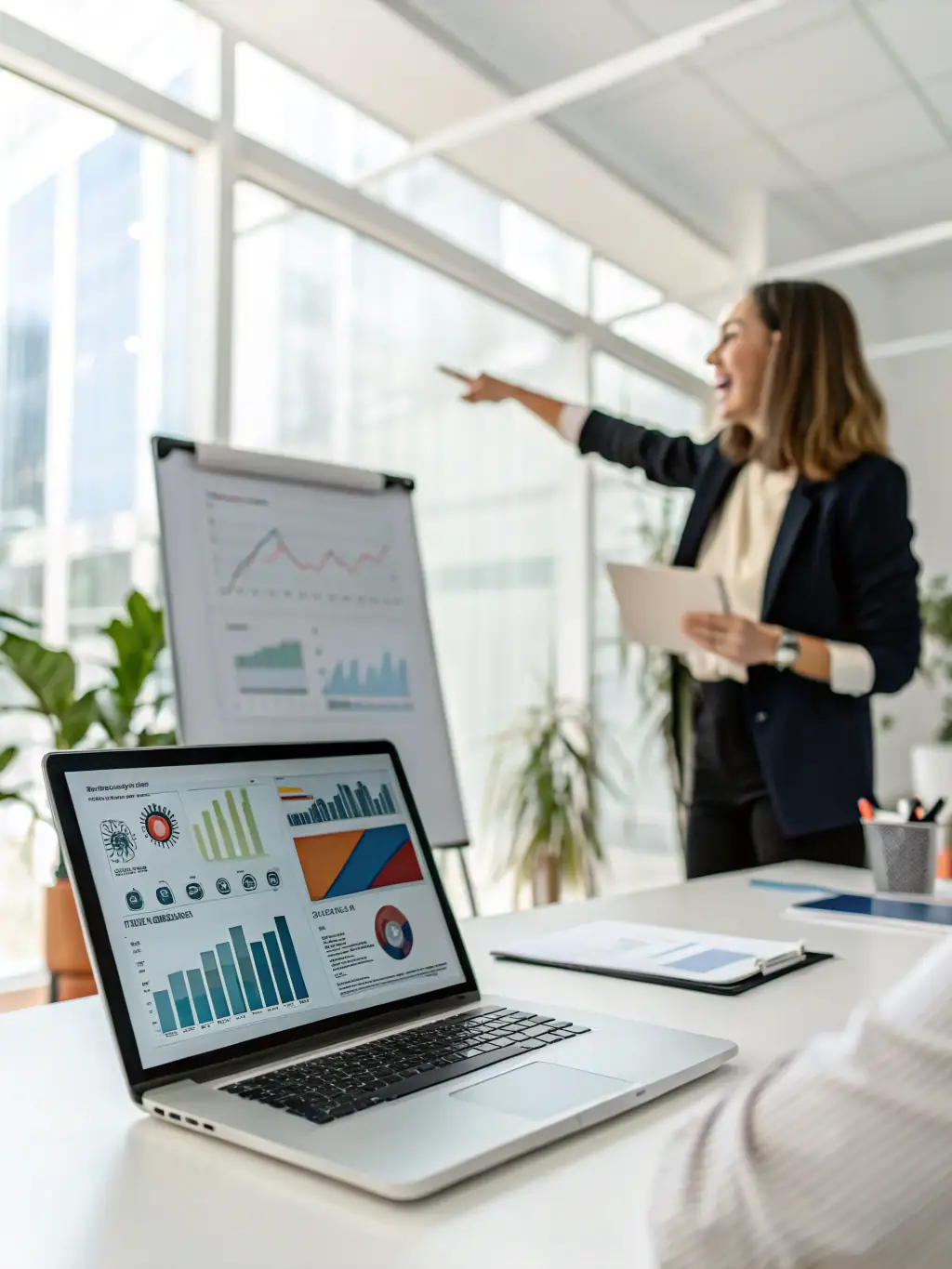 A collaborative environment where Mia Jakab is guiding a client through website analytics, pointing out key areas for improvement in user experience and conversion rates.