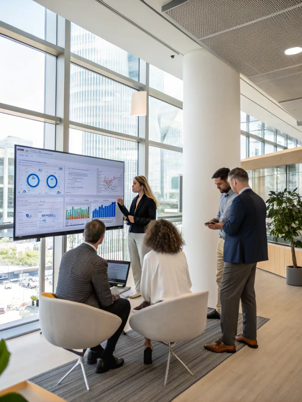 A professional setting where Mia Jakab is consulting a business team, reviewing analytics on a screen, and providing insights on improving their Google Ads campaign performance.