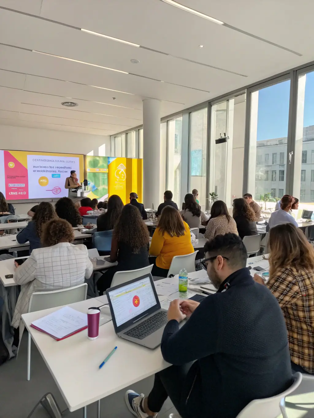 A photo of a focused workshop session with participants actively engaged in a digital marketing training, led by Mia Jakab, showcasing her expertise and the interactive nature of her training sessions.